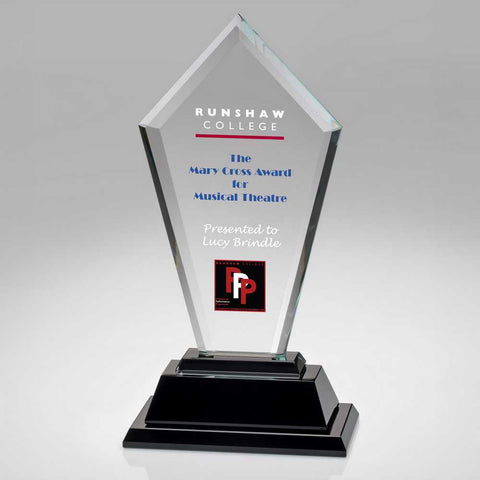 CLEAR GLASS TALL ARROW PLAQUE ON BLACK BASE (12mm THICK) | CBG2