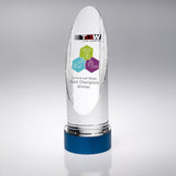 CLEAR GLASS ROUND COLUMN ON BLUE METAL BASE (70mm DIAMETER)  - JB1750