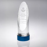 CLEAR GLASS ROUND COLUMN ON BLUE METAL BASE (70mm DIAMETER)  - JB1750