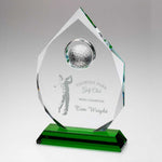 CLEAR GLASS DIAMOND WITH GOLF BALL ON GREEN BASE (15mm THICK) | JB3050