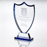 CLEAR GLASS SHIELD WITH BLUE EDGE AND FROSTED WREATH  - JB4400